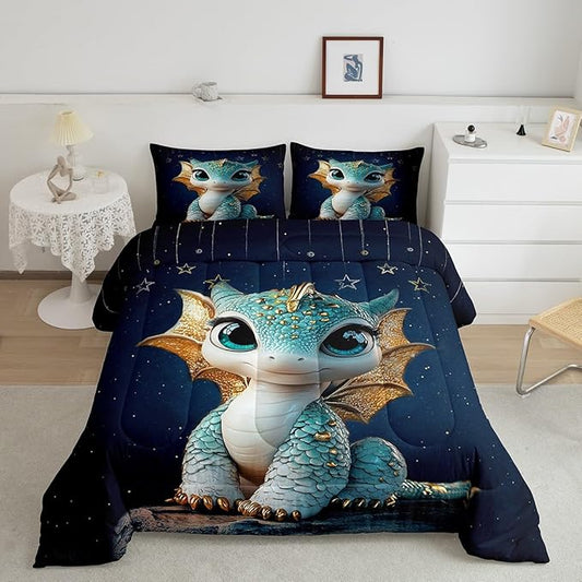Feelyou Dragon Comforter Set King Size Dragon Stuff Comforter for Boys Girls Teens Wild Life Bedding Set Dragon Decor Duvet Set Room Decor Navy Blue Quilt Set