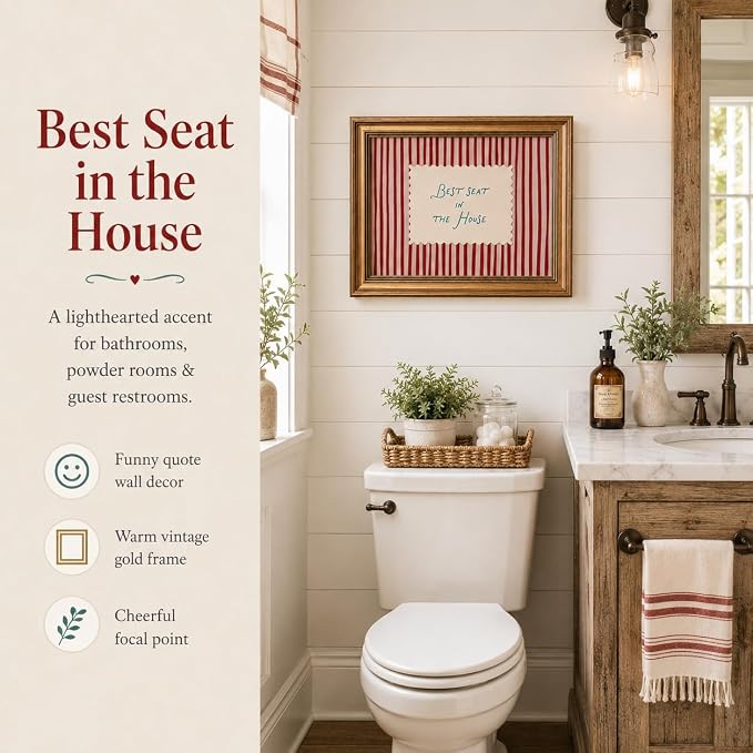Funny Bathroom Wall Art, Vintage Gold Framed Best Seat in the House, 16x24 | Red striped canvas with Best Seat in the House quote, rustic farmhouse decor for bathroom, living room, bedroom or entryway