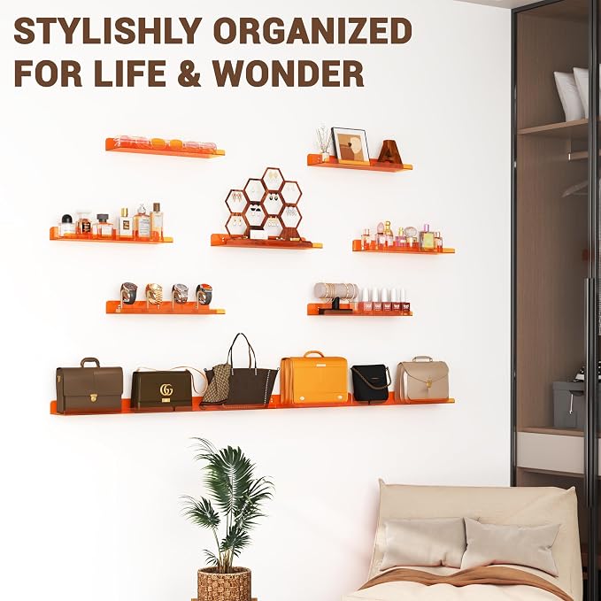 Qukaka Floating Shelves for Wall Decor, 15" Wall Shelves for Bedroom, Living Room, Kitchen, Bathroom Decor, Nail Polish/Book/Decoration/Makeup/Perfume Organizer Floating Shelf-3Pack Clear Orange