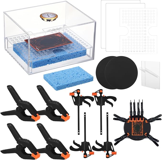 Didaey Card Flattening Kit Trading Card Flattening Tool Accessory Kit Included 1 Moisturizing Box 2 Acrylic Plates 4 Vices 4 Clamps 2 Indent Mats for Fix Bent Cards(Clear,Acrylic)