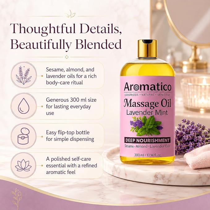 Aromatico Massage Oil with Lavender & Mint Essential Oils, Sesame, Almond & Jojoba Oils Blend, Lightweight Body Massage Oil, 10 Fl Oz