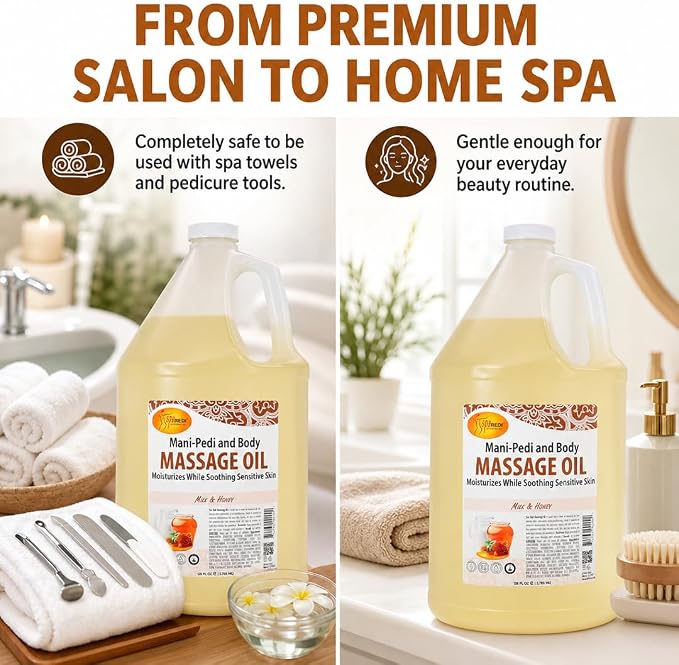 SPA REDI Milk & Honey Massage Oil – Silicone-Free, Paraben-Free & Sulfate-Free | Almond, Avocado, Sunflower & Vitamin E Blend | Sensitive Skin & Dry Feet | Professional Salon & At-Home Use | 128 oz