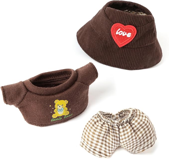 3-Piece Doll Clothes for Labubu & 17cm Dolls – Stylish Fisherman Hat Set, Kawaii Doll Outfits with Accessories for Collectors or Display - Coffee Bear (No Dolls)