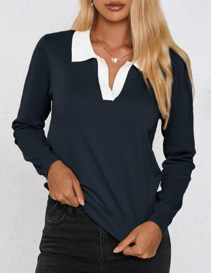 Women's Long Sleeve Classic V Neck Casual Fall Winter Polo Sweater Tops | Basic Collared Knitted Fashion Work Business Formal Daily Wear Versatile Pullover Shirts