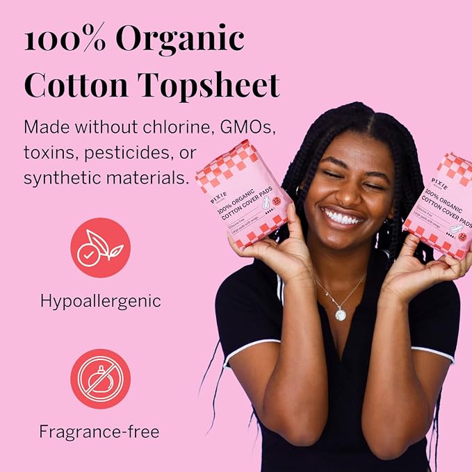 Pixie Organic Pads Ultra Thin Regular Long Cotton Pads with Wings – Comfortable, Leak-Proof Protection for Everyday Flow – Hypoallergenic, Unscented, Soft & Breathable – Eco-Friendly, 48 Count