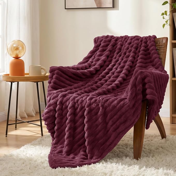 Burgundy Red Throw Blanket for Couch & Bed, 50 x 60 Inch | 300GSM Ribbed Fleece Blanket, Soft, Cozy & Lightweight, OEKO-TEX Certified, All-Season Use for Travel, Dorm & Home Decor
