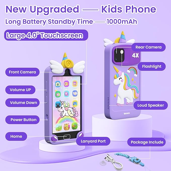 Kids Smart Phone for Girls, 4.0" Touchscreen Toddler Learning Play Toy Phone with Dual Camera, Birthday Gifts for Age 3 4 5 6 7 8 Year Old Kids Cell Phone, Game, Music Player, 32GB Card Purple