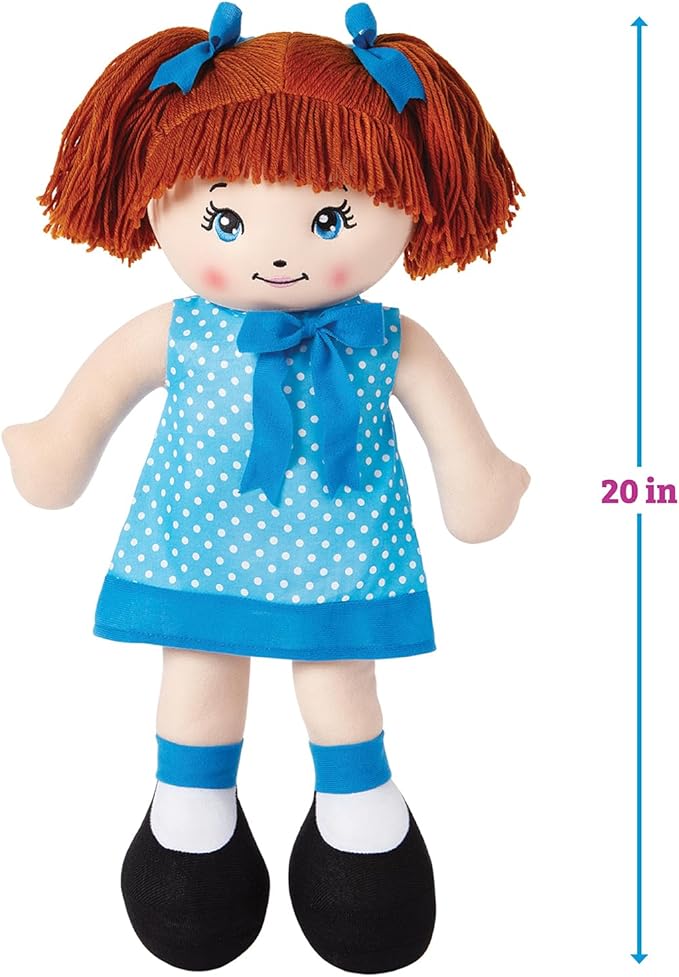LOVE & HUG 17" Huggable Soft Doll | Stuffed Plush Doll with Blue Dress and Soft Yarn Hair | Baby Doll Toy for Kids and Toddlers to Love and Hug