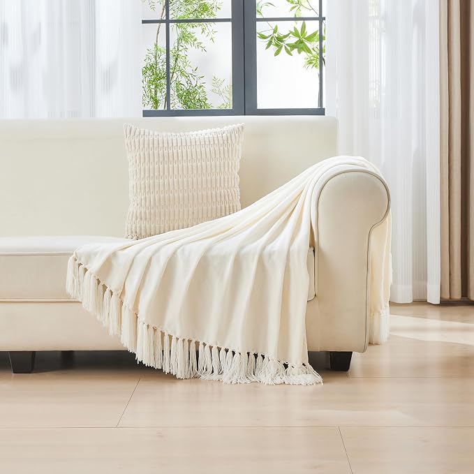CozeCube Chenille Throw Blanket, Cream White Fringe Blanket, 50"X60" | For Couch, Cozy Plush Fuzzy Decorative Blanket with Fringe Tassels, Lightweight Throws for Bed Sofa Gift Home Decor