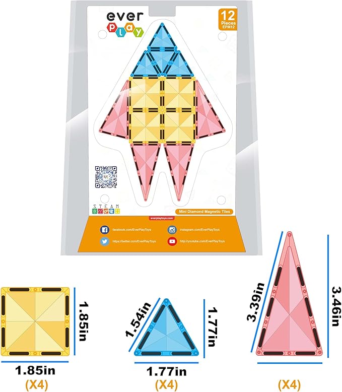 Magnet Tiles Building Block Toy Set Travel Size Mini Diamond Series Magnetic Construction Magnetized Connecting Blocks Promote Fun STEM Learning Child Brain Development for Ages 3+ EPM12