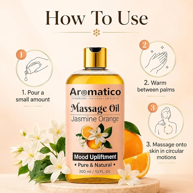 AROMATICO Massage Oil for Massage Therapy with Jasmine & Orange Essential Oils. Infused with Sesame, Almond & Jojoba Oils. Full Body Massage Oil for Mood Upliftment – 10 Fl Oz