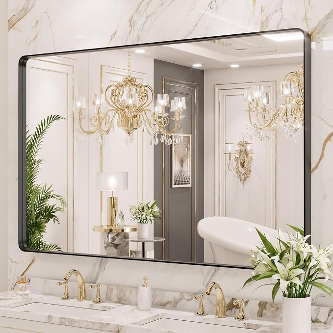 LOAAO 55X36 Inch Black Metal Framed Bathroom Mirror | Matte Black Bathroom Vanity Mirror, Rounded Rectangle, Anti-Rust, Tempered Glass, Hangs Horizontally or Vertically