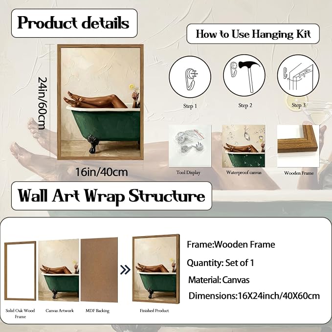 Black Woman Green Bathtub Wall Art Modern Luxury Bathroom Wall Decor Painting, Vintage Afrocentric Girl Bathroom Poster Canvas Print Picture 16x24 inch Wood Framed