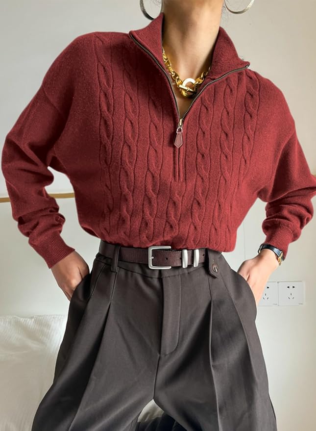 Dokotoo Women's Sweaters 2026 Fall Winter Quarter Zip Ribbed Cable Knit | Long Sleeve,Polo Neck,Lightweight Knit Pullover,Soft Comfy Tops,Casual Trendy Outfits,Fashion Clothing