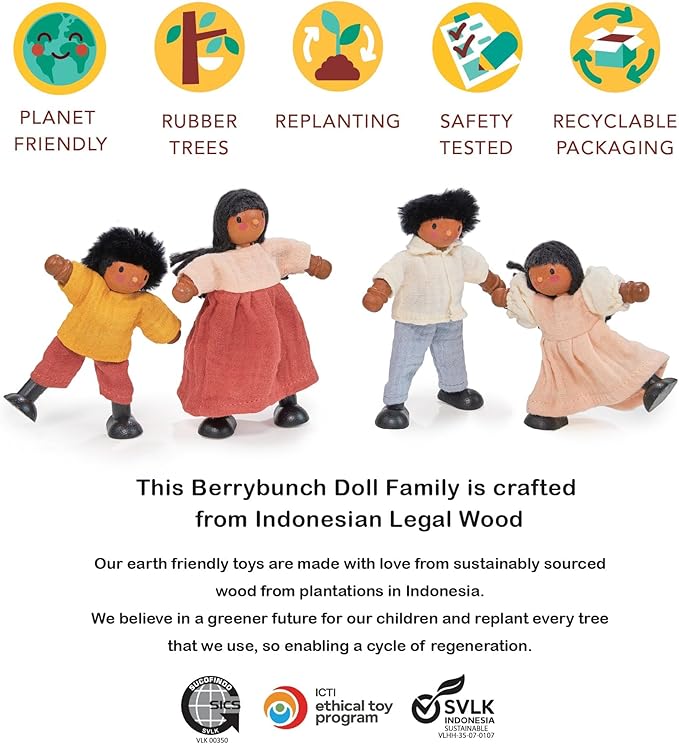 Mentari Toys - The Berrybunch Doll Family - 4pc Poseable Wooden Doll Set with Fabric Clothes - Perfect for Dollhouses and Small World Play - Encourages Imaginative Play and Social Skills - Age 3+
