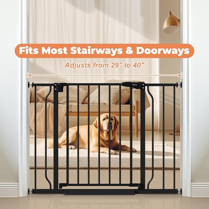 Baby Gate for Stairs & Doorways No Drilling, 29"-40" Dog Gate Indoor | Auto Close, Dual-Lock Safety, Pressure Mounted, Stroller Friendly Foot Pedal, Easy Walk Through Door, for Child & Pets, Metal