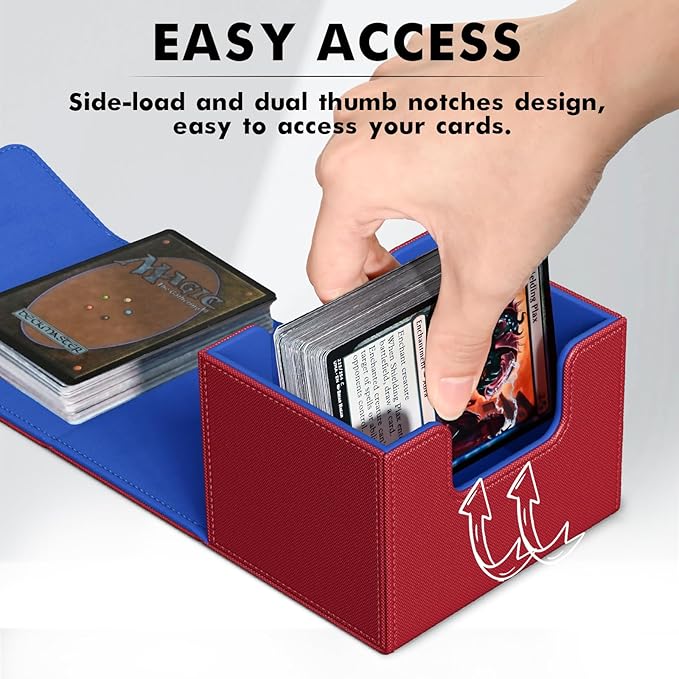 ZLCA Card Deck Box for Trading Cards, MTG Commander Deck Box Holds 120+ Single Sleeved Cards, Leather Magnetic Card Storage Box Fits for TCG CCG Magic Cards (Red&Blue)