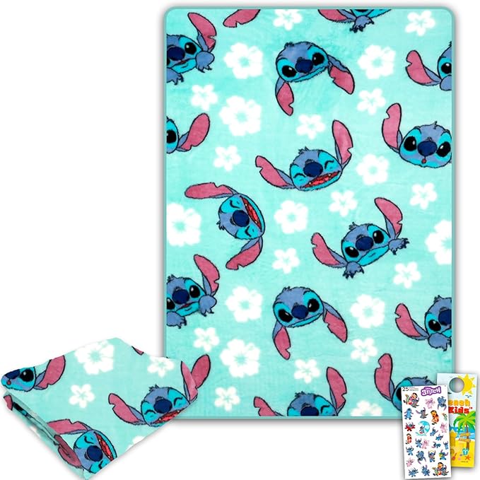 Stitch Blanket Set - Bundle with Soft Disney Throw, Stickers, and More | Disney Lilo and Stitch Throw Blanket Size 50x70" for Kids, Boys and Girls