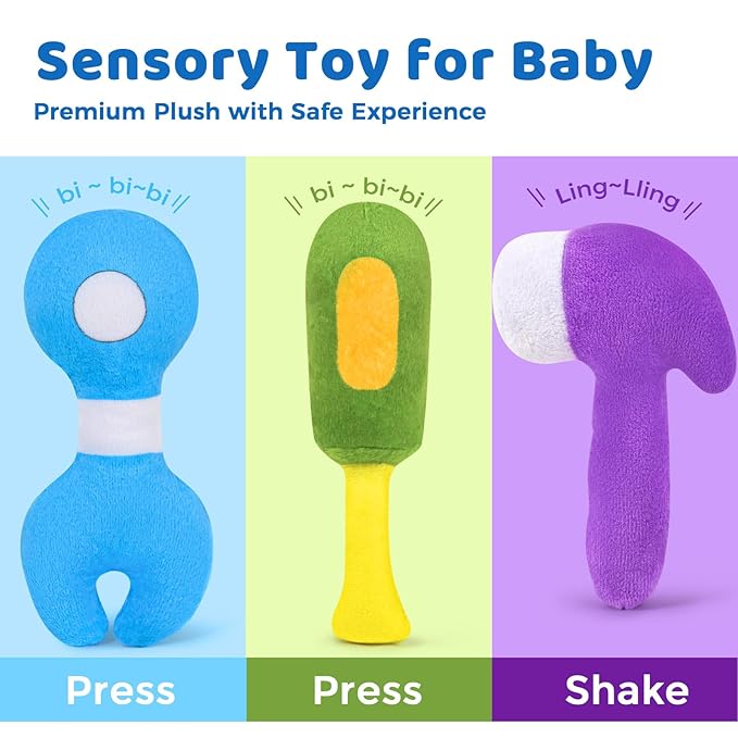 KMUYSL Baby Toys 0-6-12 Months, My First Tools Plush Toys -4 Pcs Sensory Playset Soft Toys with Squeaker Crinkle for 0-6-9-12 Months Newborn Infant, Birthday Christmas Gifts for Boys Girls