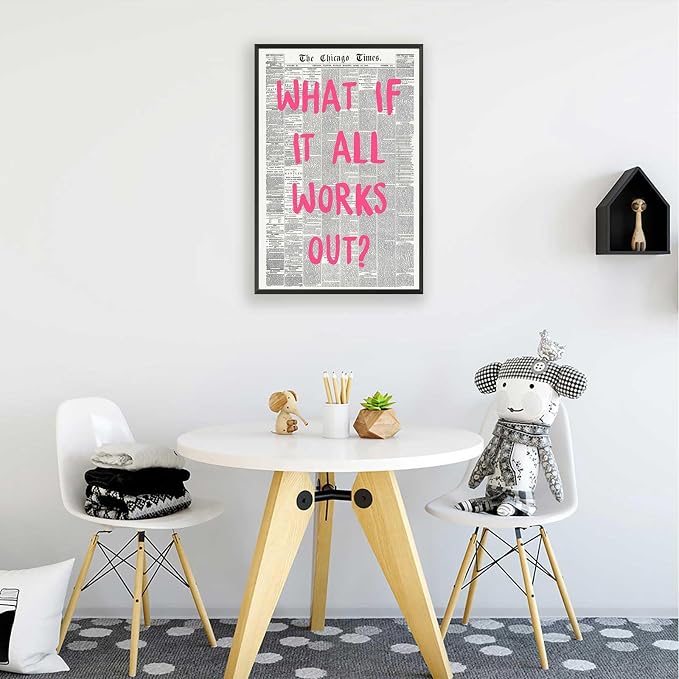 What If It All Works Out Poster Retro Newspaper Pink Font Canvas Wall Art Positive Affirming Quote Minimalist Prints Painting For Home Bedroom Dorm Wall Decor 12x16in Framed