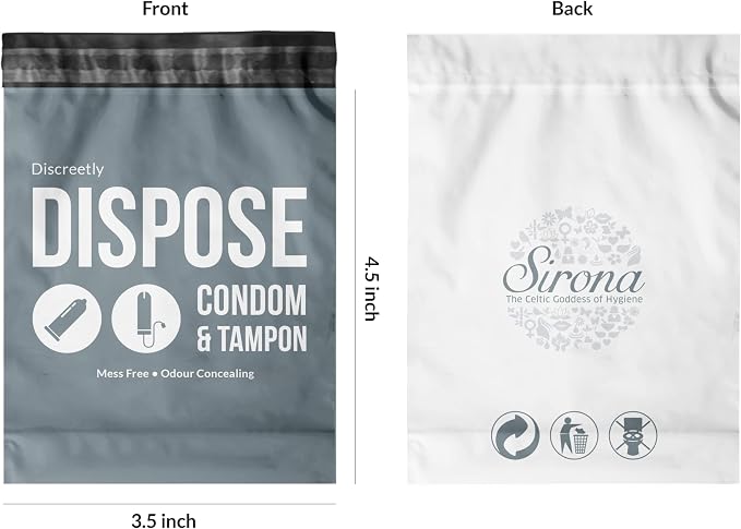 Sirona Condom and Tampon Disposal Bags - 50 Bags | for Discreet Disposal of Tampons and Condoms | Bathroom Trash Bag (Pack of 2))
