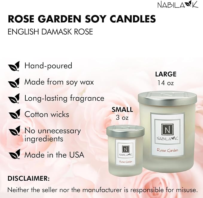 Nabila K – Rose Garden - Soy-Based Candle – Fresh English Damask Roses - Hand-Poured - Cotton Wick - Aromatherapy Candle w/Essential Oils - Made in USA - 3 oz