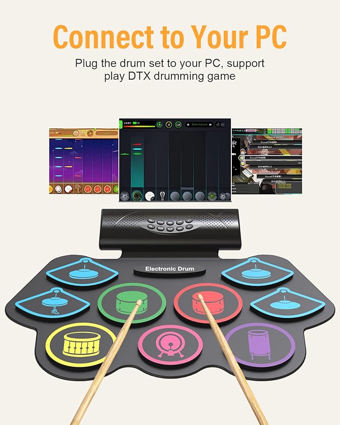 9 Pad Electronic Drum Set, Roll Up Portable Drum Pad Kit with MIDI Bluetooth, Built-in Speaker, Supports Headphone/Bluetooth, Great Christmas & Birthday Gift Gift for Kids and Beginners