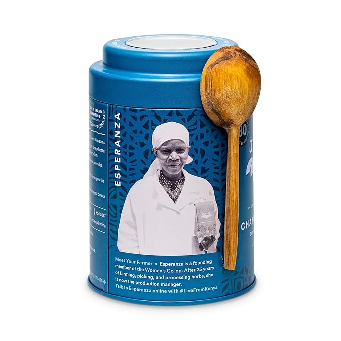 JusTea CHAMOMILE DREAM | Loose Leaf Herbal Tea | Tin with Hand Carved Tea Spoon |40+ Cups (1.6oz) | Caffeine Free | Award-Winning | Fair Trade | Non-GMO