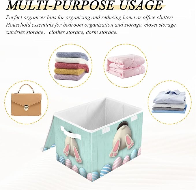 Easter Bunny Storage Bins with Lids and Carrying Handle,Foldable Storage Boxes Organizer Containers Baskets Cube with Cover for Home Bedroom Closet Office