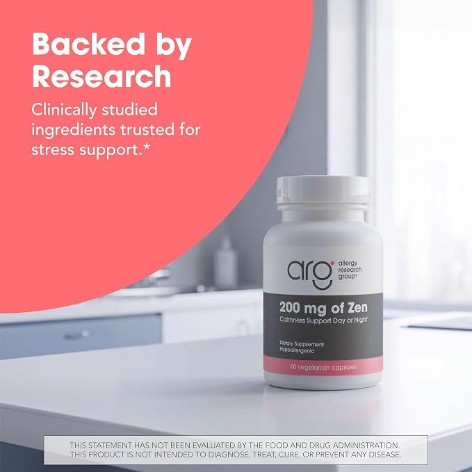 Allergy Research Group ARG 200 mg of Zen - Supports Calm and Stress Balance - Delivers 200 mg L-Theanine & 550 mg GABA per Serving - Vegetarian & Hypoallergenic - 30 Servings - 60 Capsules