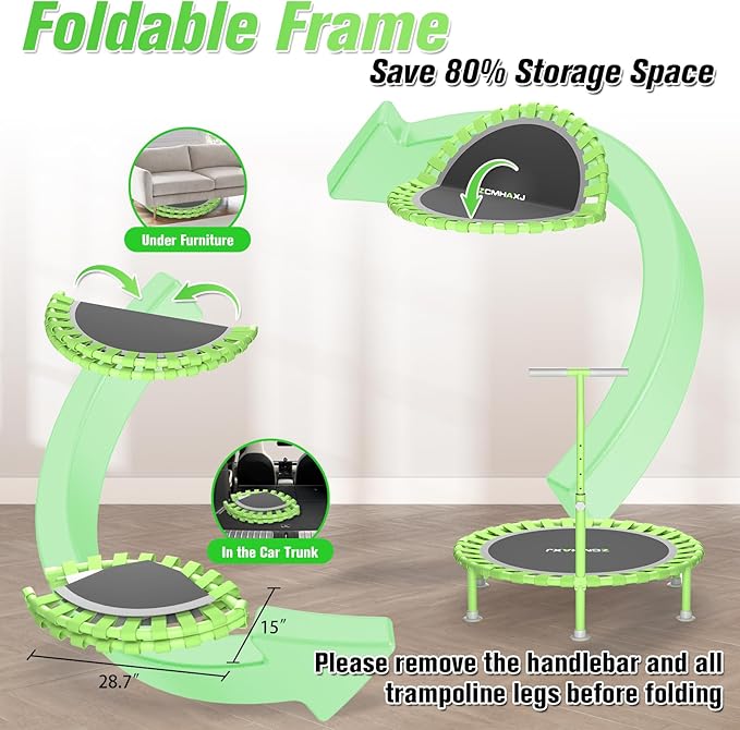 ZCMHAXJ Foldable Mini Trampoline, 40" Rebounder Trampoline for Adults & Kids, 450lbs Capacity with T-Shaped Adjustable Bar, Indoor Fitness Workout Exercise Equipment