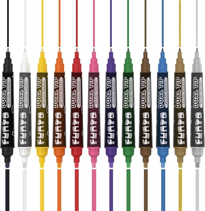 Funto Dual Tip Acrylic Paint Markers, Paint Pens for Rock Painting, Wood, Canvas, Ceramic, Fabric, 12 Colors, Quick Drying, Non-Toxic, Arts and Crafts