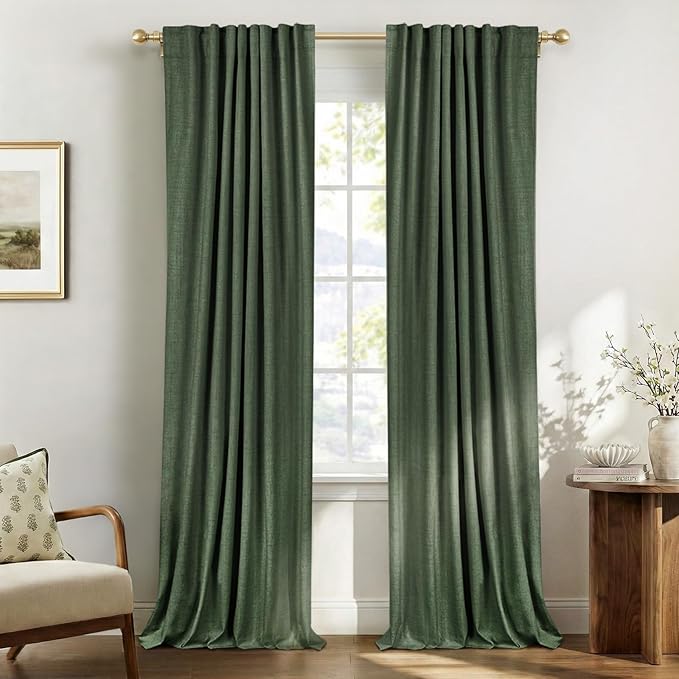 100% Blackout Shield Green Linen Blackout Curtains for Bedroom 102 Inches Long, Back Tab/Rod Pocket Living Room Drapes, Thermal Insulated Blackout Curtains 2 Panels Set, 50" W x 102" L,Loden