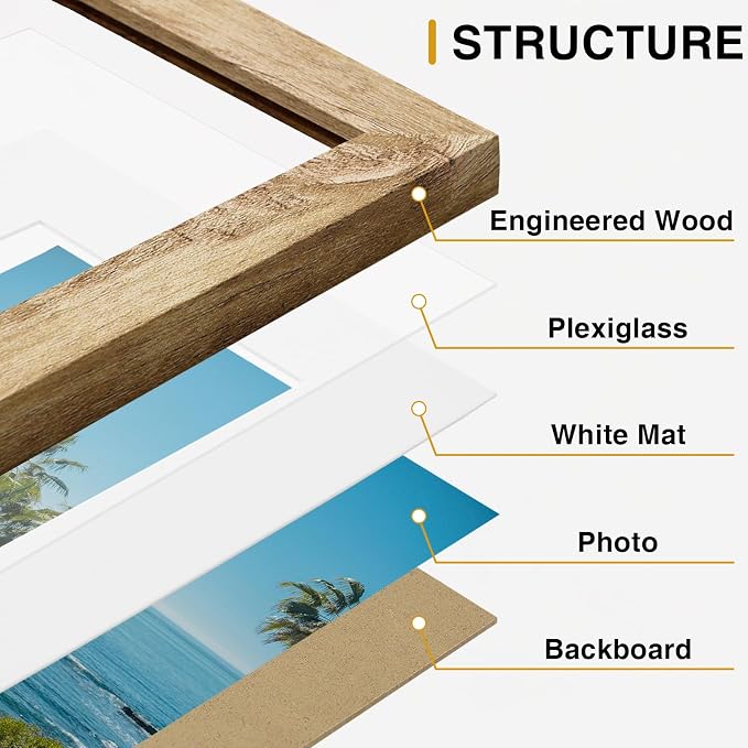 Vittanly 8x10 Picture Frames Set of 9 for Wall Mount & Tabletop, Light Oak | Display Pictures 5x7 with Mat or 8x10 without Mat, Small Photo Frames, Engineered Wood with Shatter Resistant Plexiglass