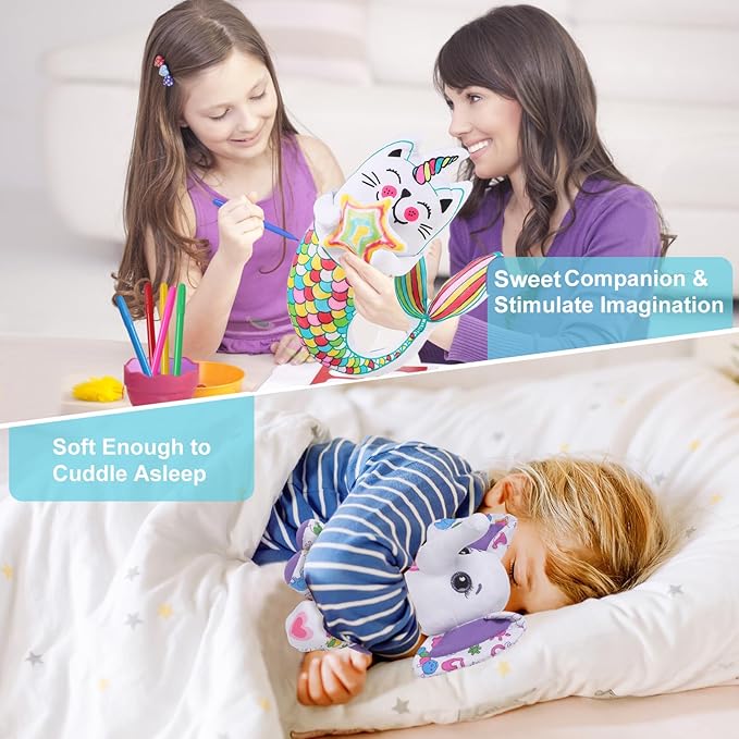 Coloring Plush Toy with 5 Washable Markers for Little Girls Doodle Dolls for Kids Ages 4-6 Birthday Christmas Presents (Fish Cat)