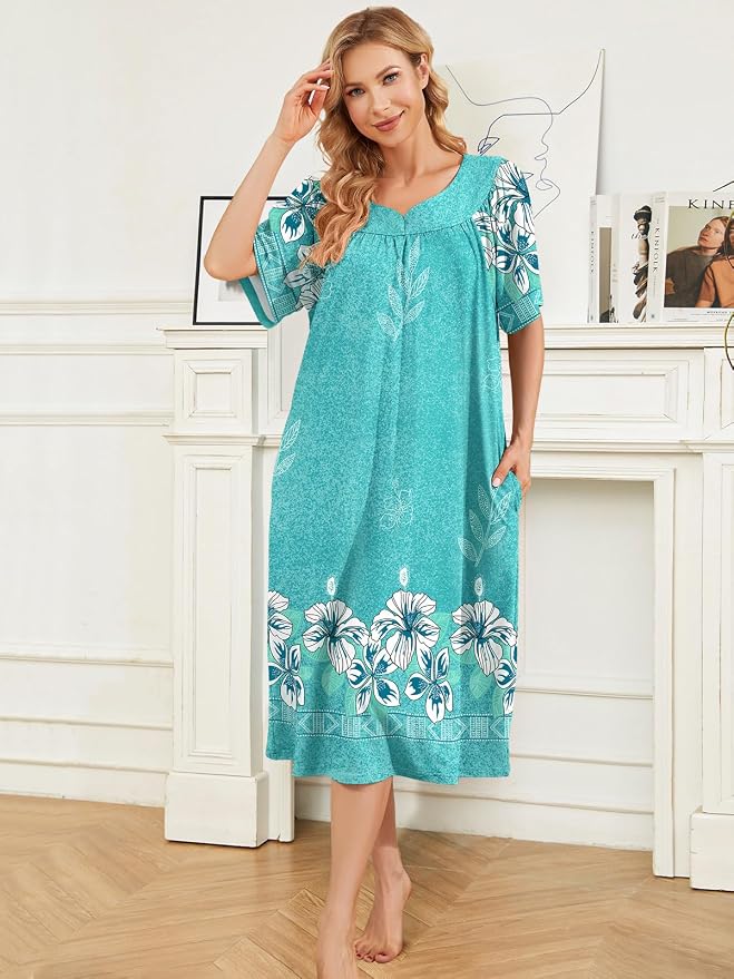 House Dresses for Women with Pockets Moo Moo Nightgown Short Sleeve Mumu Dress Lounge Dress S-3XL
