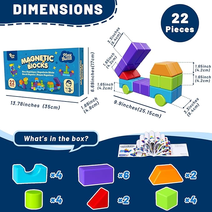 Magnetic Blocks for Kids, Magnet Building Blocks - Large 1.65 Inch Magnetic Cubes & Multiple 3D Shapes, Montessori & Sensory Stacking Toys for Boys & Girls Ages 3+ (22PCS)