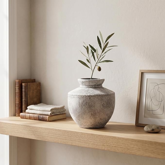 Rustic Farmhouse Vase 6 Inch Small Ceramic Flower Vases Decorative Vintage Pottery Vase for Home Decor Living Room Kitchen Coffee Table Bedroom Shelf Centerpiece