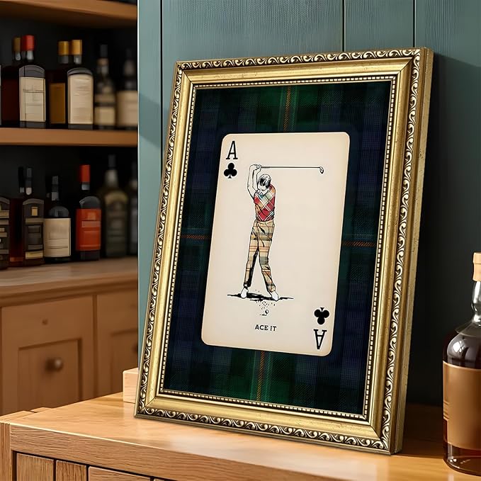Gold Framed Vintage Golf Wall Art, Man Cave Golfer Sports Wall Decor Painting Playing Plaid Canvas Prints Picture for Bedroom Living Room Man Room Club 12x16 inch