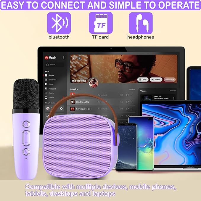 Mini Karaoke Machine for Kids & Adults, Kids Toys for Girls & Boys Gifts, Bluetooth Speaker with 1 Wireless Microphone for Kids Adults Toddler Girls Home Party Birthday Gifts Purple
