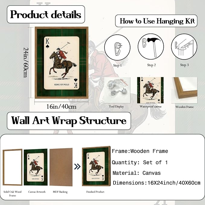 Vintage Equestrian Wall Art, King of Polo Wall Decor Painting Rustic Race Horse Sports Poster Canvas Prints Picture for Game Room Living Room Bedroom 16x24 inch Wood Framed