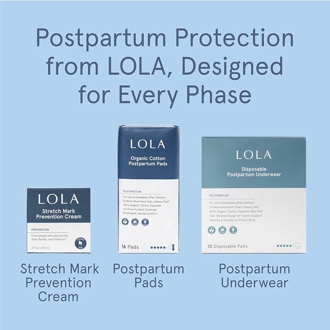 LOLA Organic Cotton Postpartum Pads - 20 Count, Ultra Absorbent and Extra Long Pads, Overnight and Full Coverage, Adult Incontinence Pad for Women, Postpartum Essentials