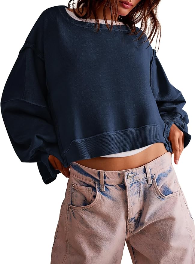 Zwurew Womens Casual Sweatshirt Cropped Shirts | Loose Fit, Tee Top, Pullover, Crop Hem, Design Trim, Daily Tops