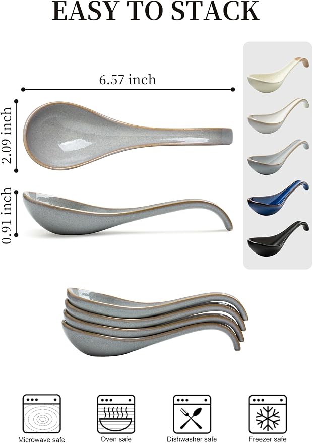 LYEOBOH Ceramic Asian Soup Spoons Set of 6, Ramen Spoons with Long Handle | Japanese Ramen Spoons with Deep Hook Design for Miso Rice, Chinese Soup Spoons for Kitchen, Dishwasher Microwave Safe, Gray