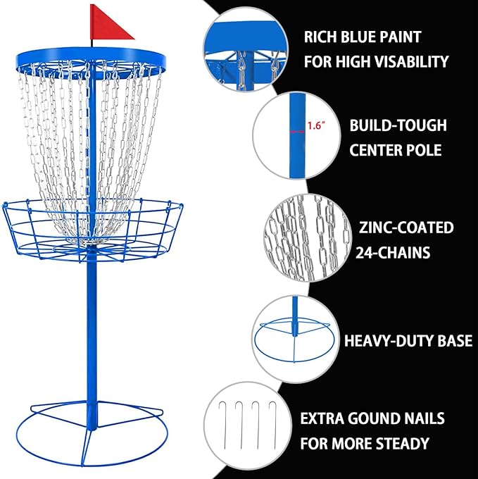 TARUMG Disc Golf Basket - Portable Disc Golf Target with Heavy Duty 24-Chains Come with Transit Bag and 3pcs Disc Golf Discs, Ground Stake -Suitable for Players of All Levels - Multi Color Available
