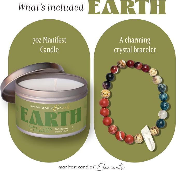 Zodiac Earth Taurus Virgo Capricorn Gifts for Women, 45 Hour Burn, Zodiac Astrology Gifts Meditation Candle Healing with Crystals, Spiritual Manifestation Crystal Candle Healing Stones Bracelet