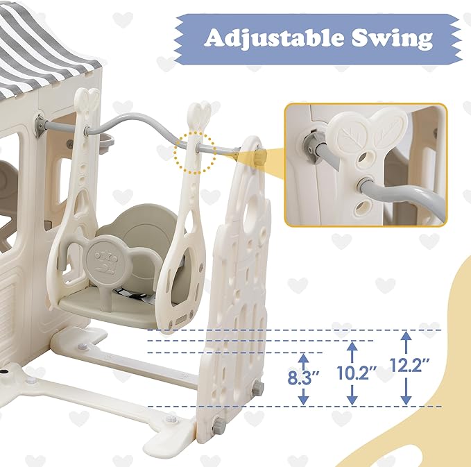 Miscoos 6-in-1 Kids Playground with Fairy House - Certified HDPE Toddler Slide and Swing Set, Adjustable, Safe Swing, Basketball Hoop, Game Table - Indoor/Outdoor Playset for Babies