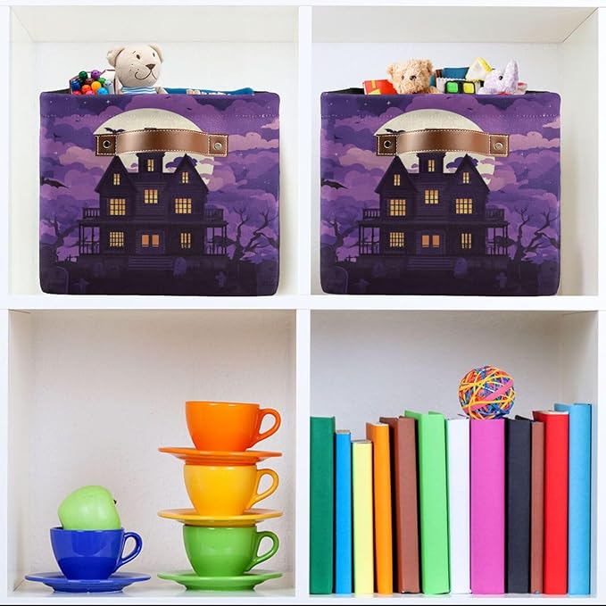 Aslsiy Storage Basket Spooky Castle Halloween Moon Nursery Bins Purple Baby Box Canvas Clothes Shelf Basket Laundry Hampers 1 Pcs
