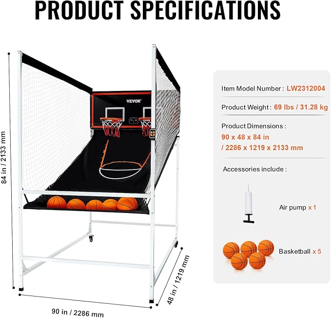 VEVOR Basketball Arcade Game Indoor, 2 Player Indoor Basketball Game, Home Dual Sport with 8 Game Modes, Electronic Scoreboard, and Inflation Pump,Adults