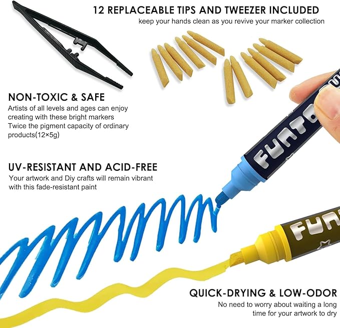 Funto Dual Tip Acrylic Paint Markers, Paint Pens for Rock Painting, Wood, Canvas, Ceramic, Fabric, 12 Colors, Quick Drying, Non-Toxic, Arts and Crafts